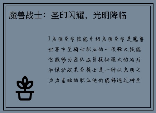 魔兽战士：圣印闪耀，光明降临